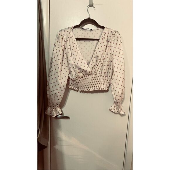 ZARA PURPLE POLKA DOT LONG SLEEVE CROP TOP SIZE L - Picture 3 of 10